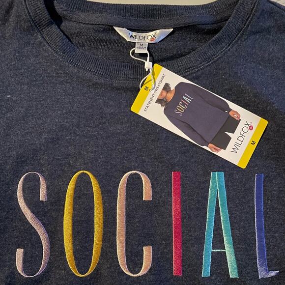 Wildfox SOCIAL Embroidered Blue Sweatshirt size Medium - Picture 3 of 9